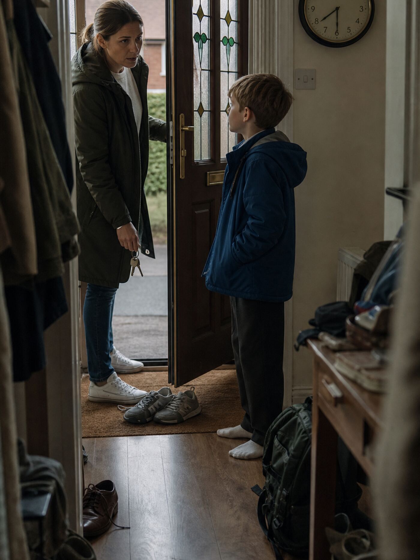A child paused by the front door while it is time to leave