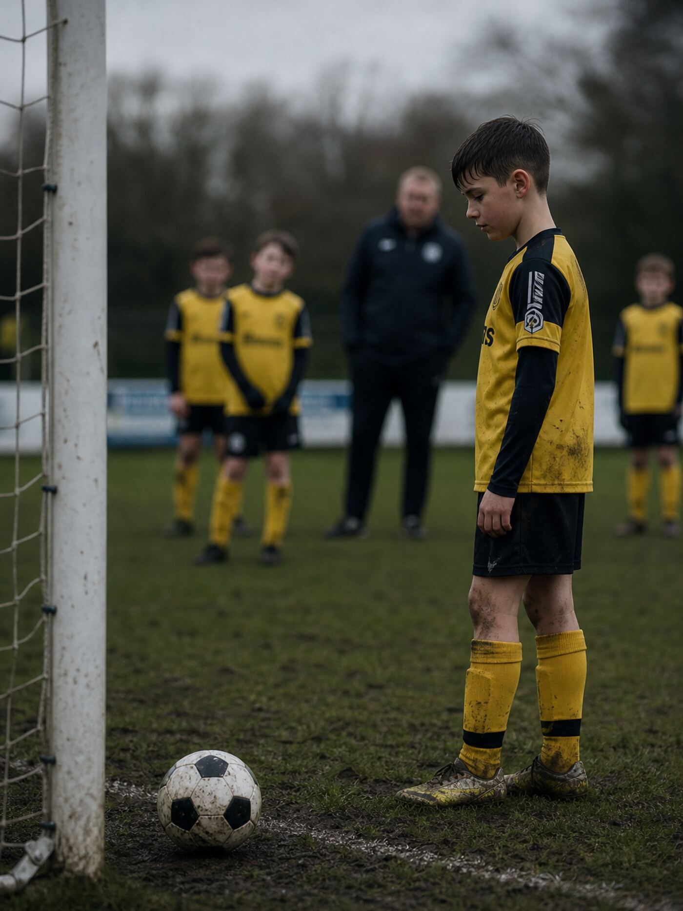 A young player standing still after a missed attempt